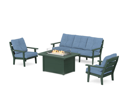 POLYWOOD® Lakeside Deep Seating Fire Pit Table Set in Green / Sky Blue