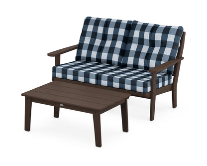 POLYWOOD® Lakeside 2-Piece Lounge Loveseat Set in Mahogany / Buffalo Plaid Marine Indigo