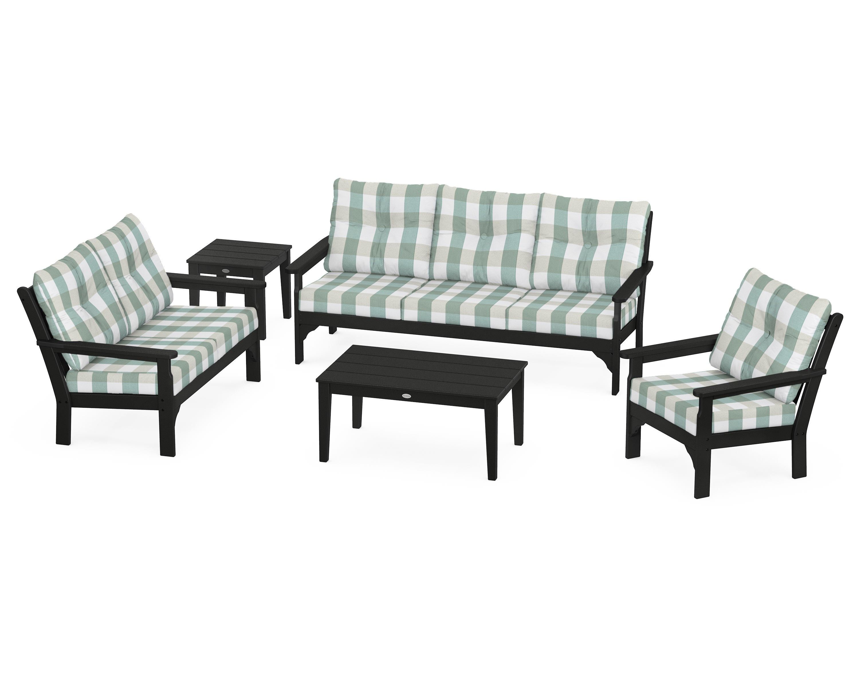 POLYWOOD® Vineyard 5 Piece Deep Seating Set in Black / Buffalo Plaid Glacier Spa