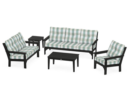 POLYWOOD® Vineyard 5 Piece Deep Seating Set in Black / Buffalo Plaid Glacier Spa