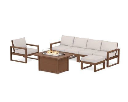 POLYWOOD® EDGE Sectional Lounge and Fire Pit Set in Teak / Dune Burlap