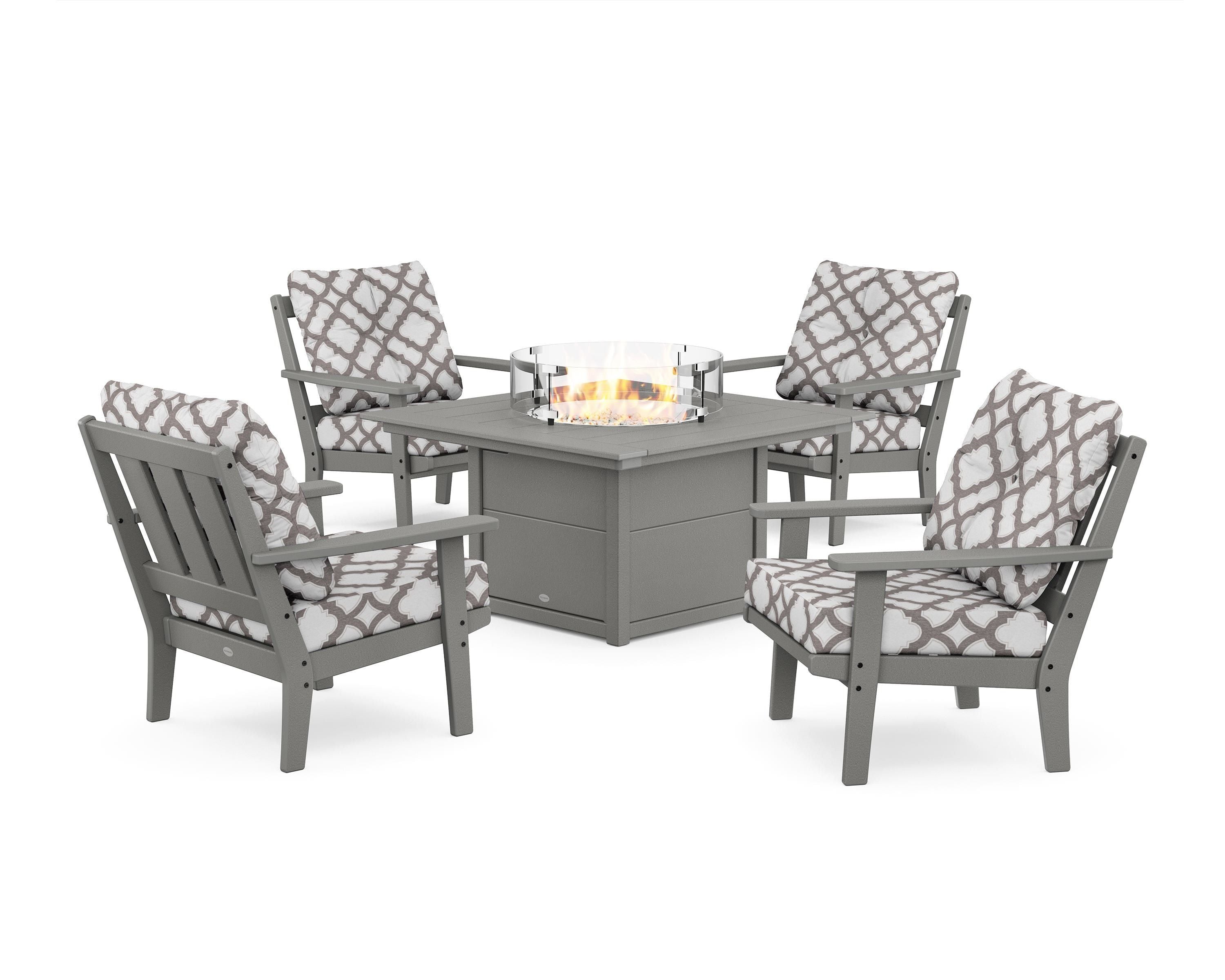 POLYWOOD® Oxford 5-Piece Deep Seating Set with Fire Pit Table in Slate Grey / Trellis Grey Mist