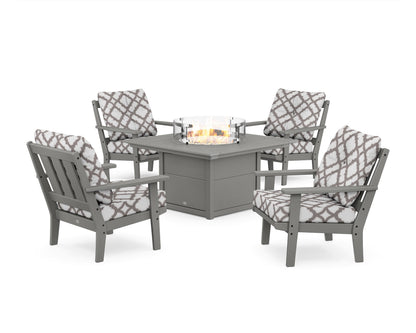 POLYWOOD® Oxford 5-Piece Deep Seating Set with Fire Pit Table in Slate Grey / Trellis Grey Mist