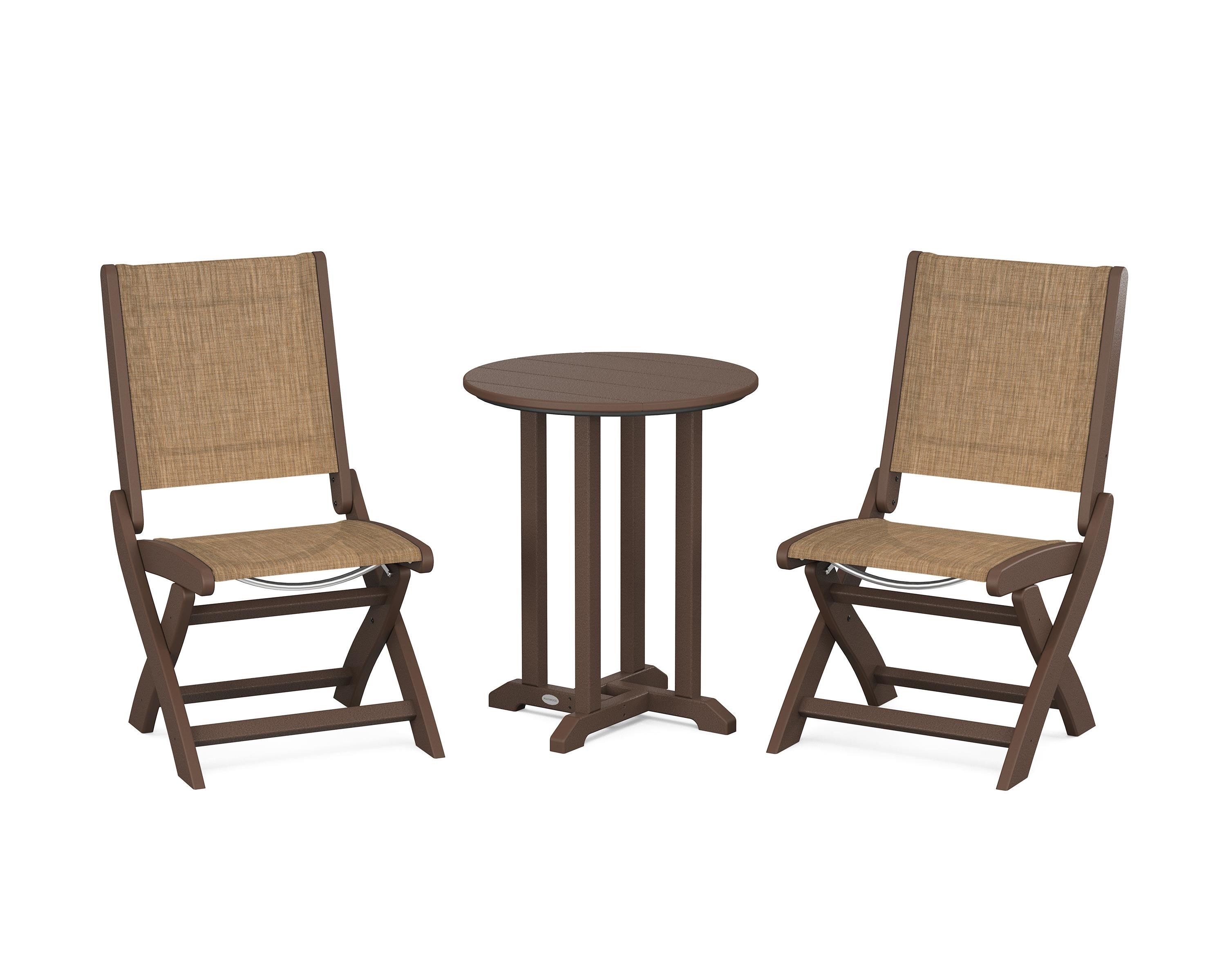 POLYWOOD® Coastal Folding Side Chair 3-Piece Round Bistro Dining Set in Mahogany / Burlap Sling