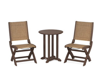 POLYWOOD® Coastal Folding Side Chair 3-Piece Round Bistro Dining Set in Mahogany / Burlap Sling