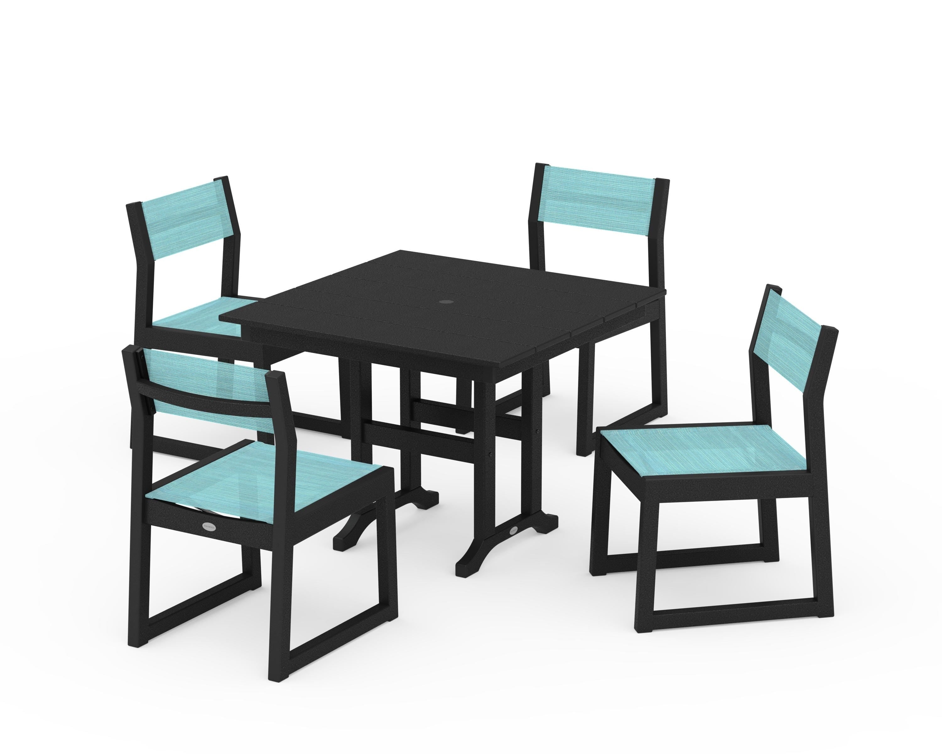 POLYWOOD® EDGE Sling Side Chair 5-Piece Farmhouse Dining Set in Black / Dupioni Aquamarine Sling