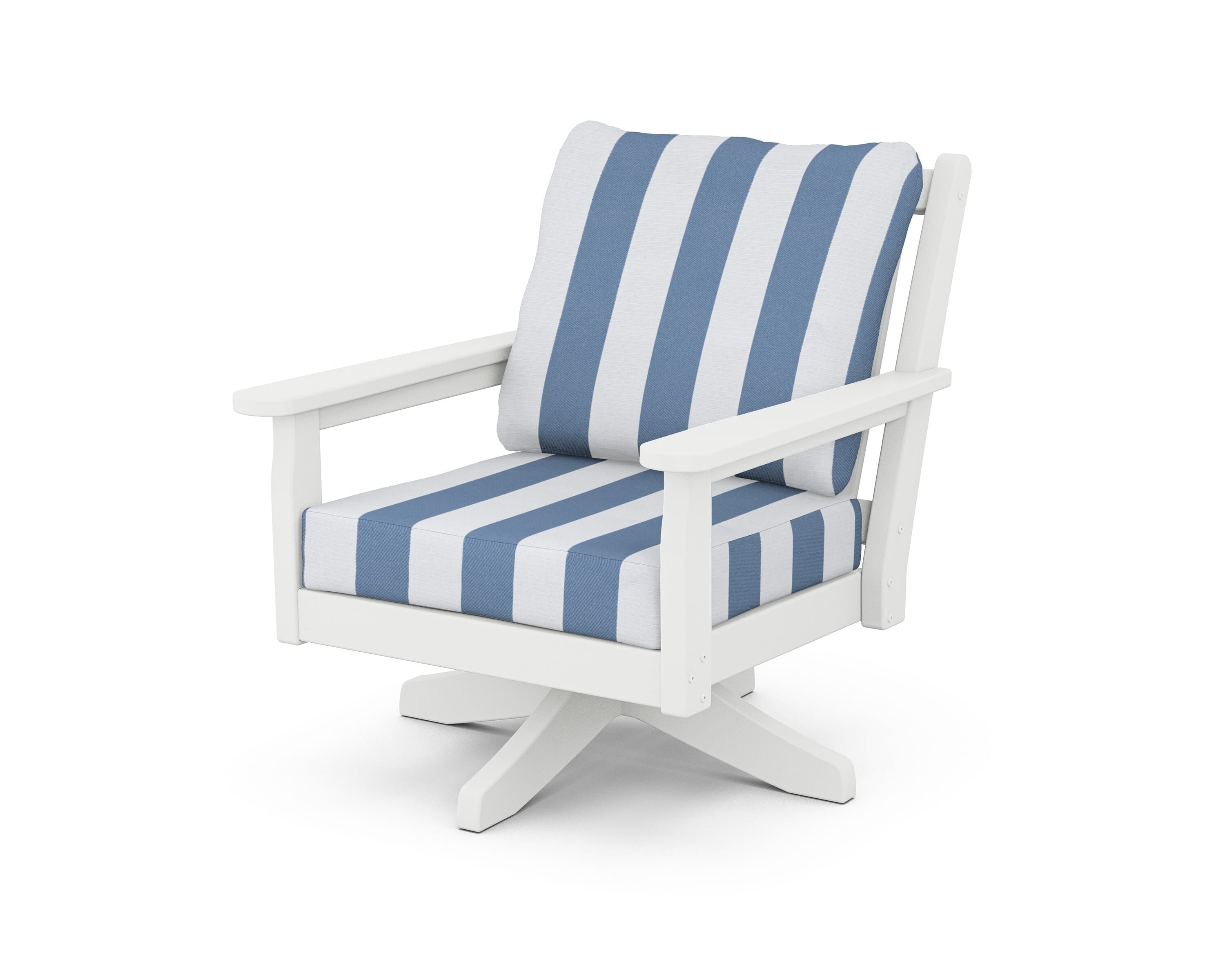 POLYWOOD® Chippendale Deep Seating Swivel Chair in White / Cabana Stripe Sky Blue