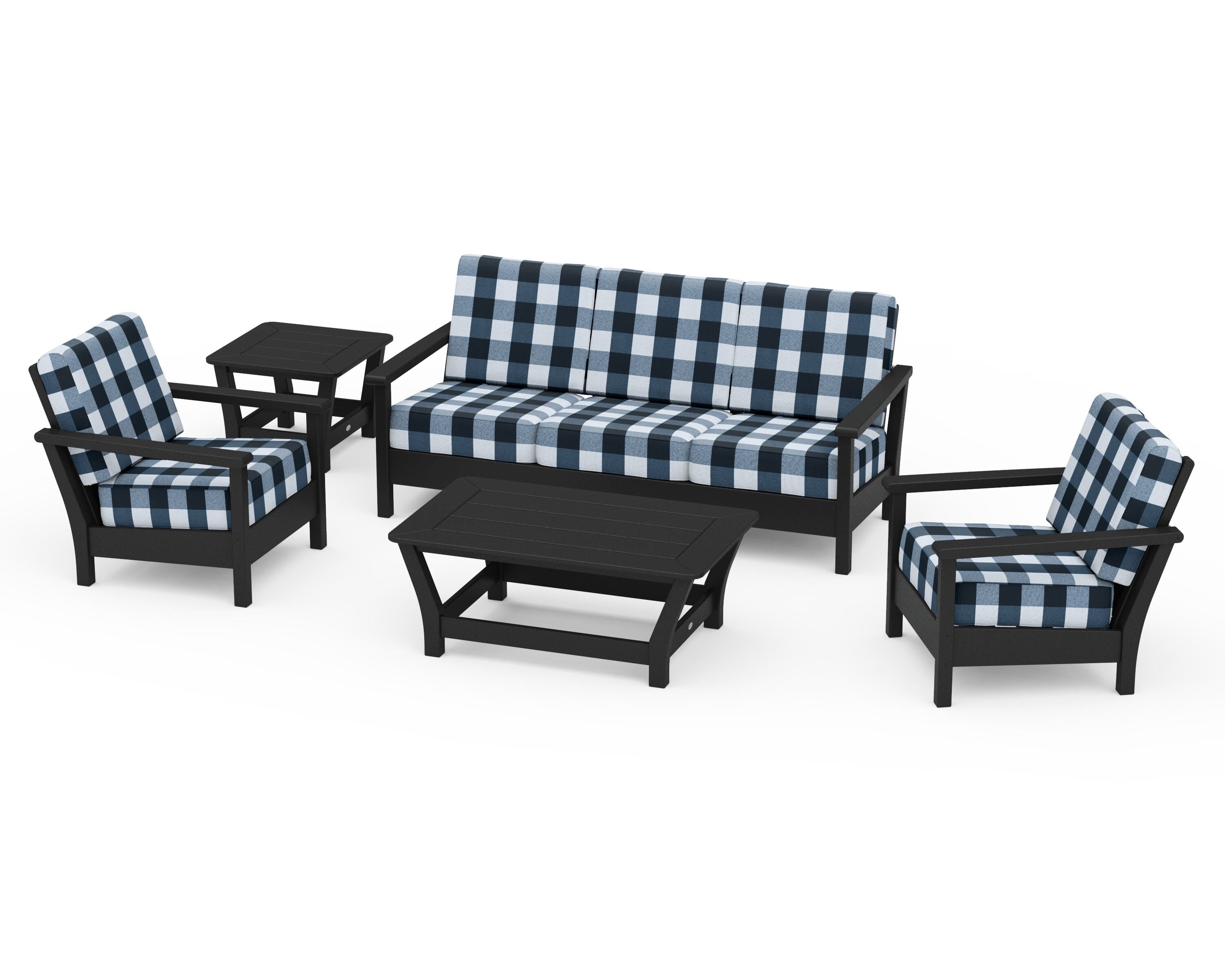 POLYWOOD® Harbour 5-Piece Deep Seating Set in Black / Buffalo Plaid Marine Indigo