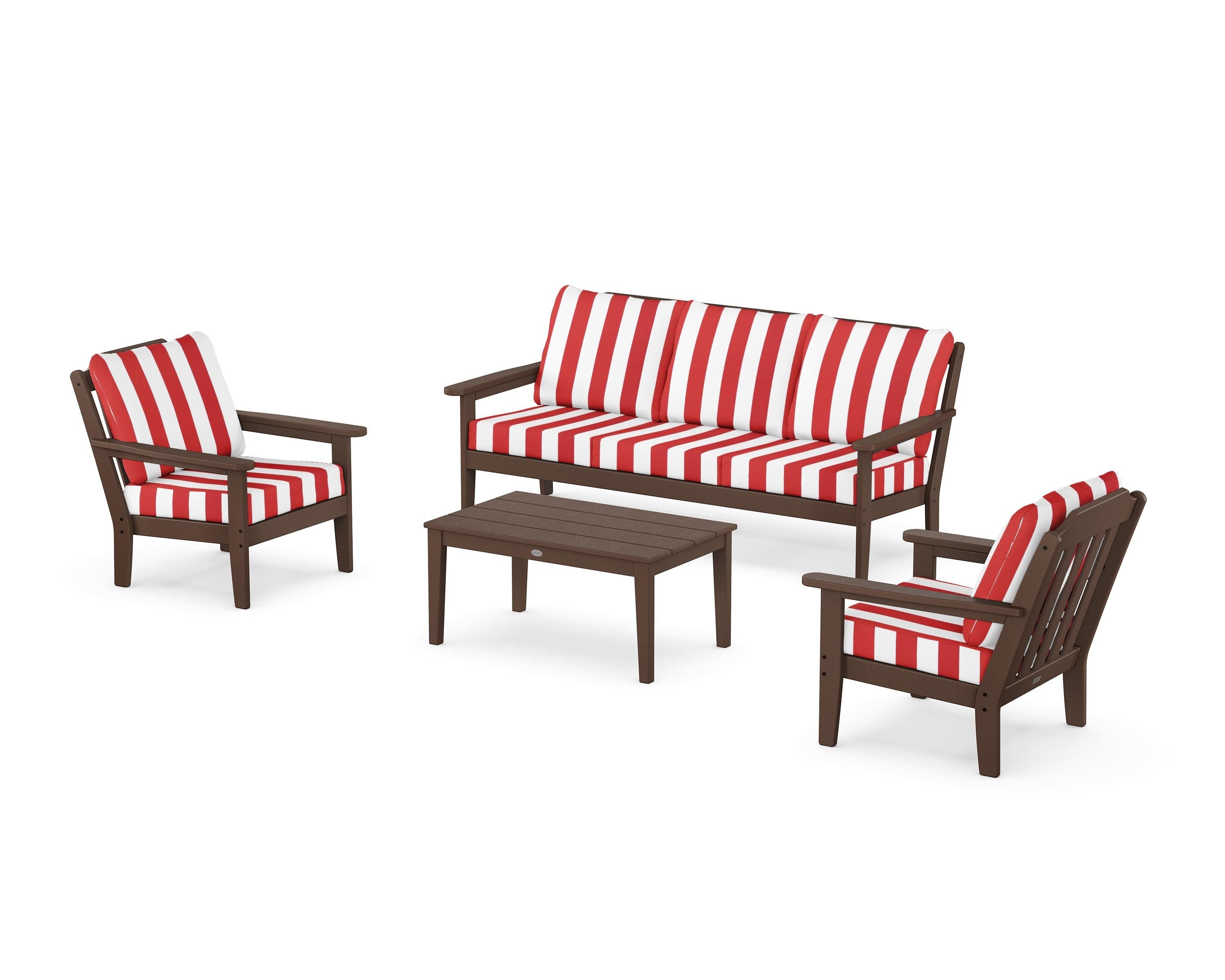 Country Living Cottage 4-Piece Deep Seating Set with Sofa in Mahogany / Cabana Stripe Crimson
