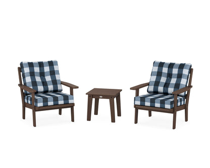POLYWOOD® Prairie 3-Piece Deep Seating Set in Mahogany / Buffalo Plaid Marine Indigo