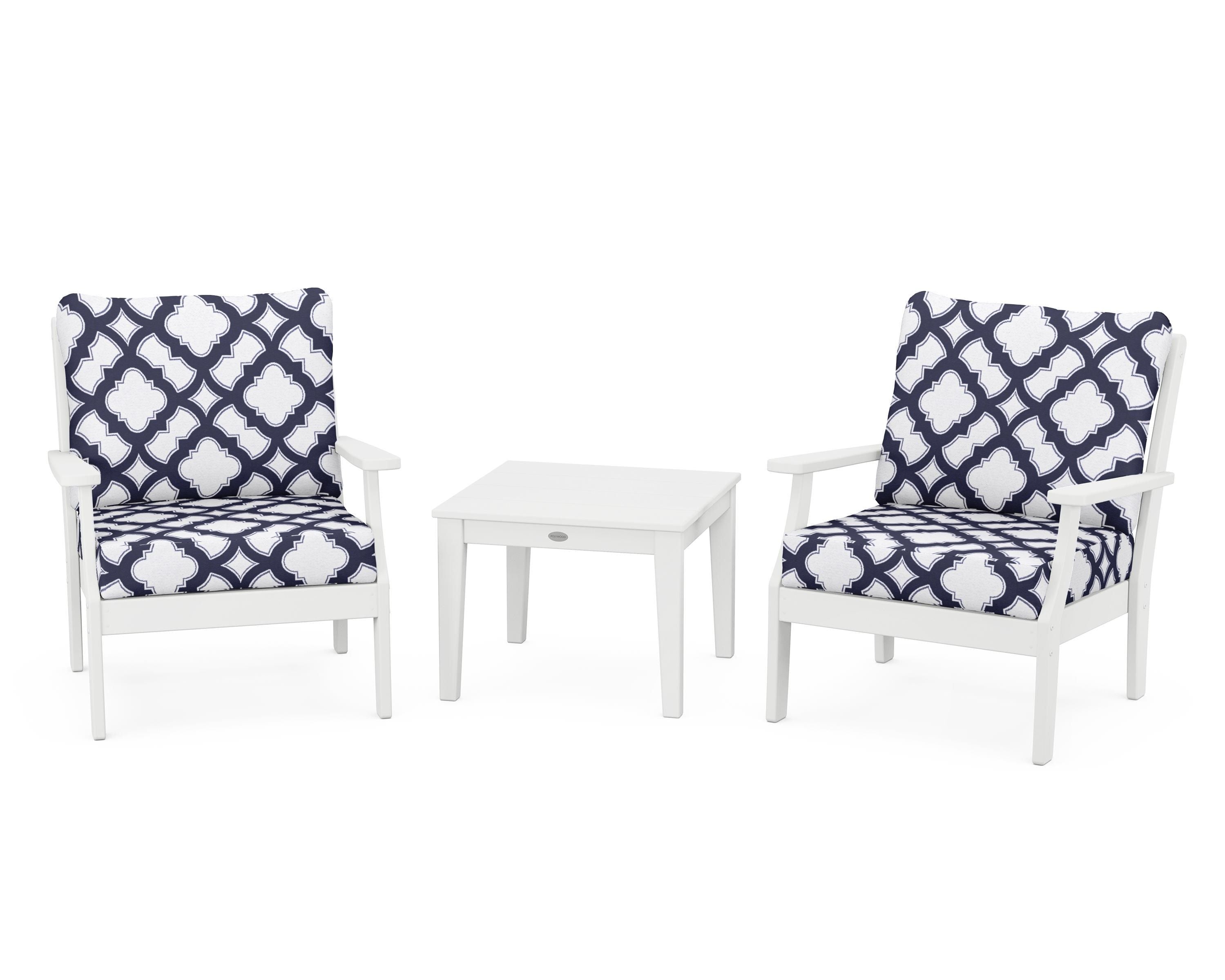 POLYWOOD® Braxton 3-Piece Deep Seating Set in White / Trellis Navy