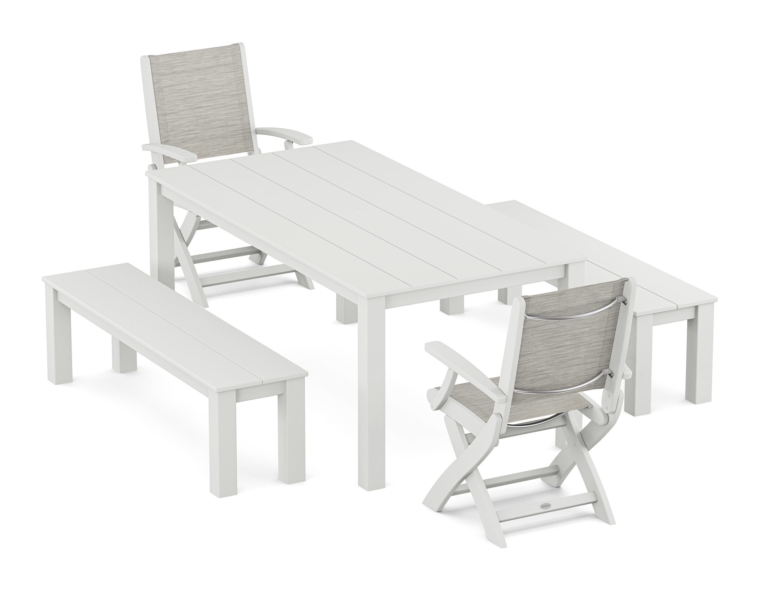 POLYWOOD® Coastal Folding Chair 5-Piece Parsons Dining Set with Benches in White / Birch Sling
