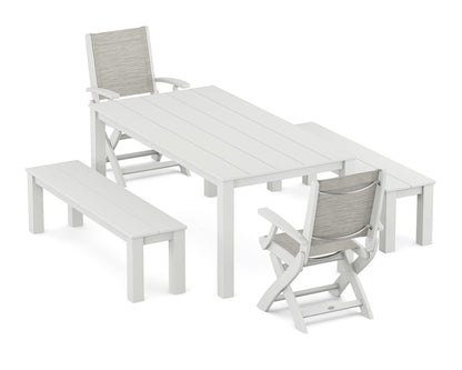 POLYWOOD® Coastal Folding Chair 5-Piece Parsons Dining Set with Benches in White / Birch Sling