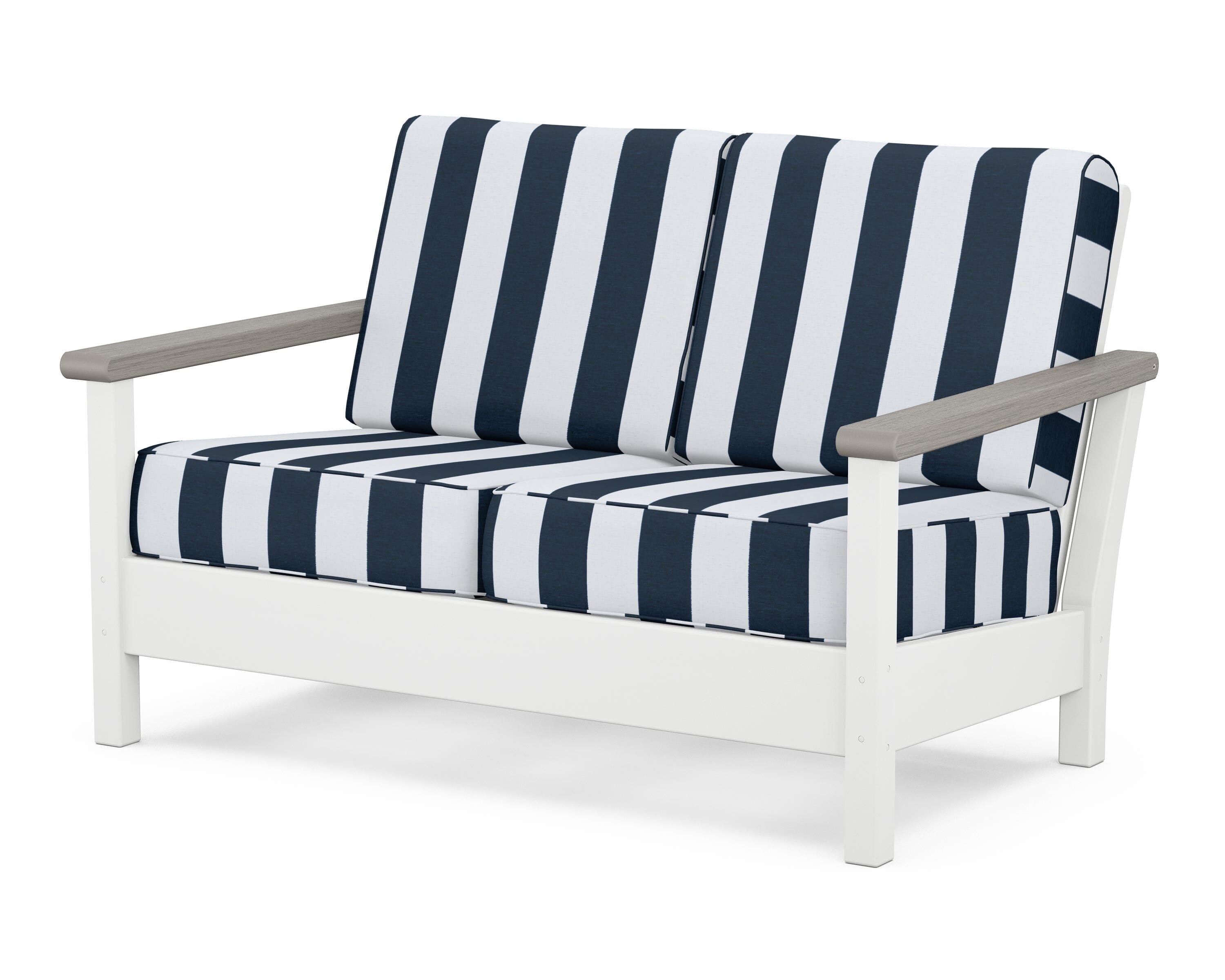 POLYWOOD® Harbour Deep Seating Loveseat in White / Driftwood / Cabana Stripe Marine Indigo