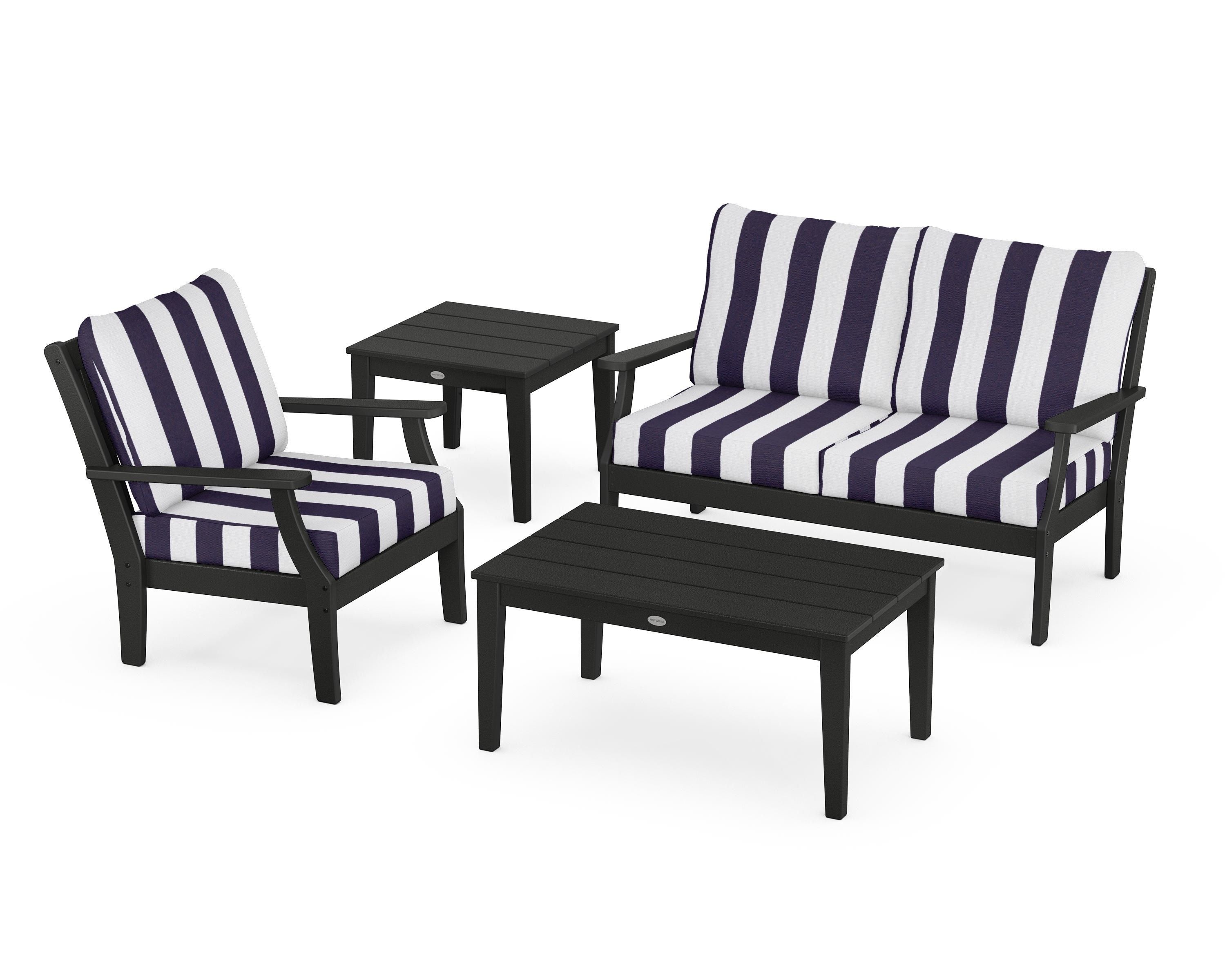 POLYWOOD® Braxton 4-Piece Deep Seating Set in Black / Cabana Stripe Navy
