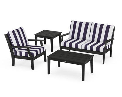 POLYWOOD® Braxton 4-Piece Deep Seating Set in Black / Cabana Stripe Navy