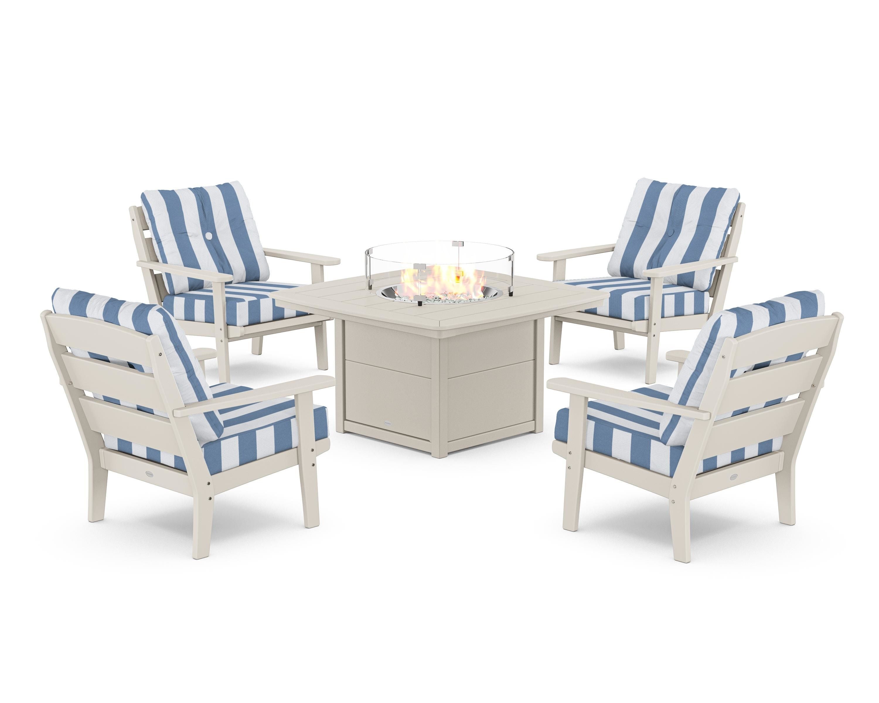 POLYWOOD® Lakeside 5-Piece Deep Seating Set with Nautical Fire Pit Table in Sand / Cabana Stripe Sky Blue