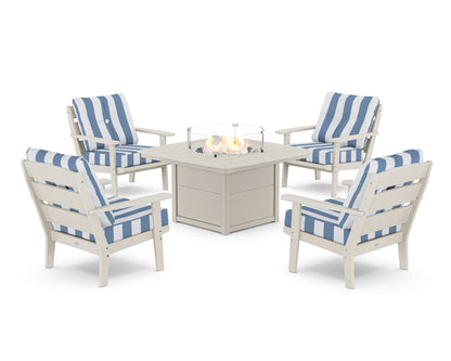 POLYWOOD® Lakeside 5-Piece Deep Seating Set with Nautical Fire Pit Table in Sand / Cabana Stripe Sky Blue