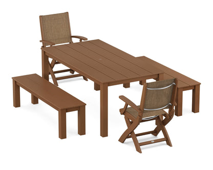 POLYWOOD® Coastal Folding Chair 5-Piece Parsons Dining Set with Benches in Teak / Burlap Sling