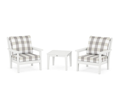 POLYWOOD® Chippendale 3-Piece Deep Seating Set in White / Buffalo Plaid Grey Mist