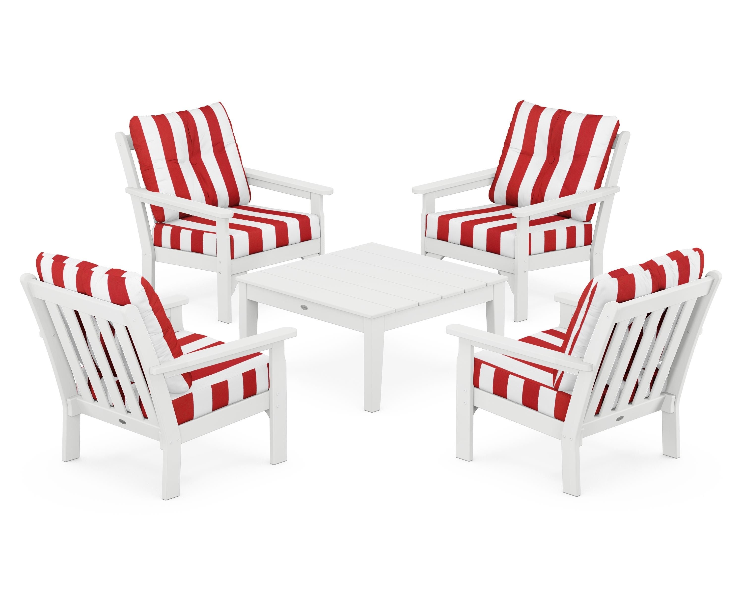 POLYWOOD® Vineyard 5-Piece Deep Seating Conversation Set in White / Cabana Stripe Crimson
