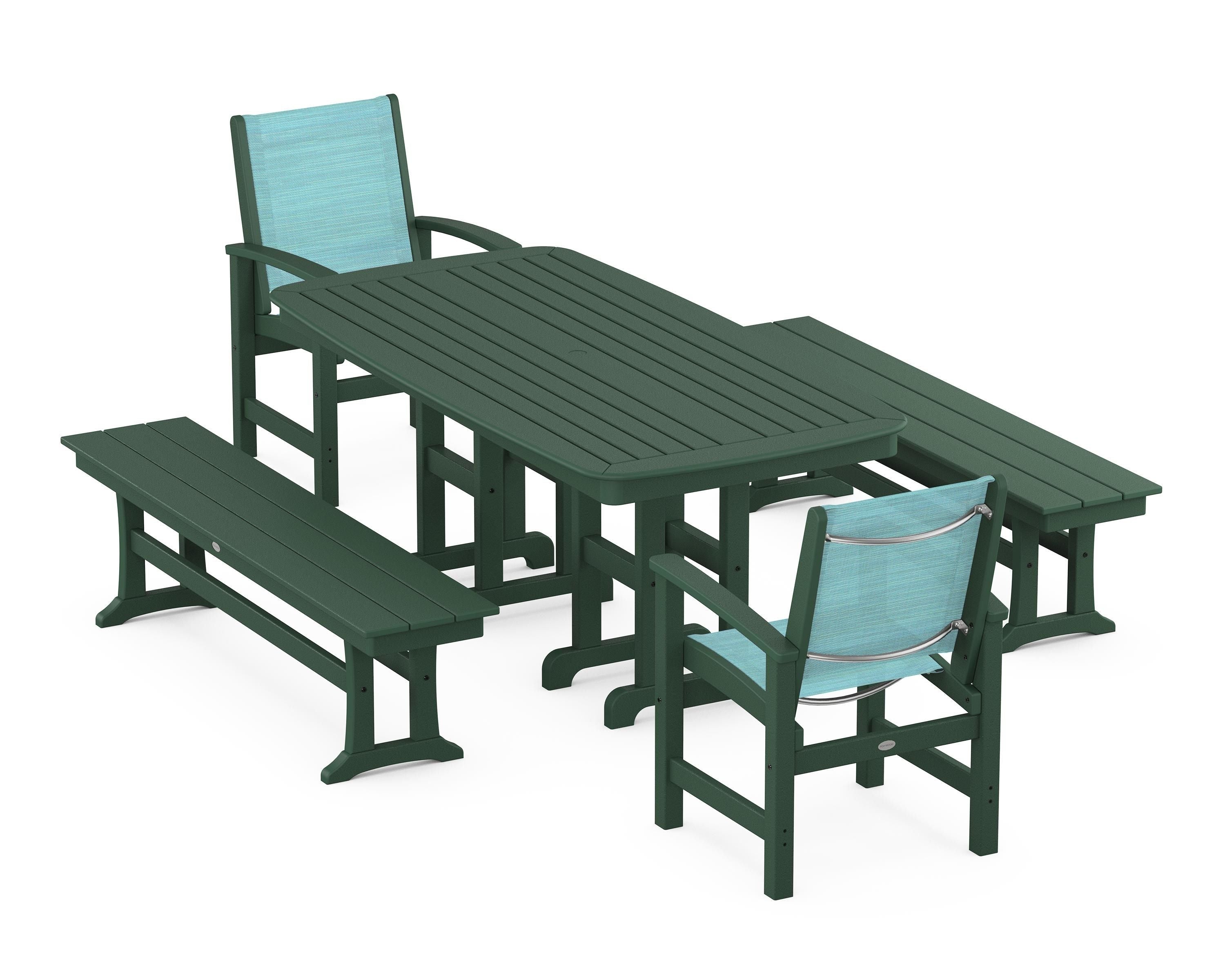 POLYWOOD® Coastal 5-Piece Dining Set in Green / Dupioni Aquamarine Sling