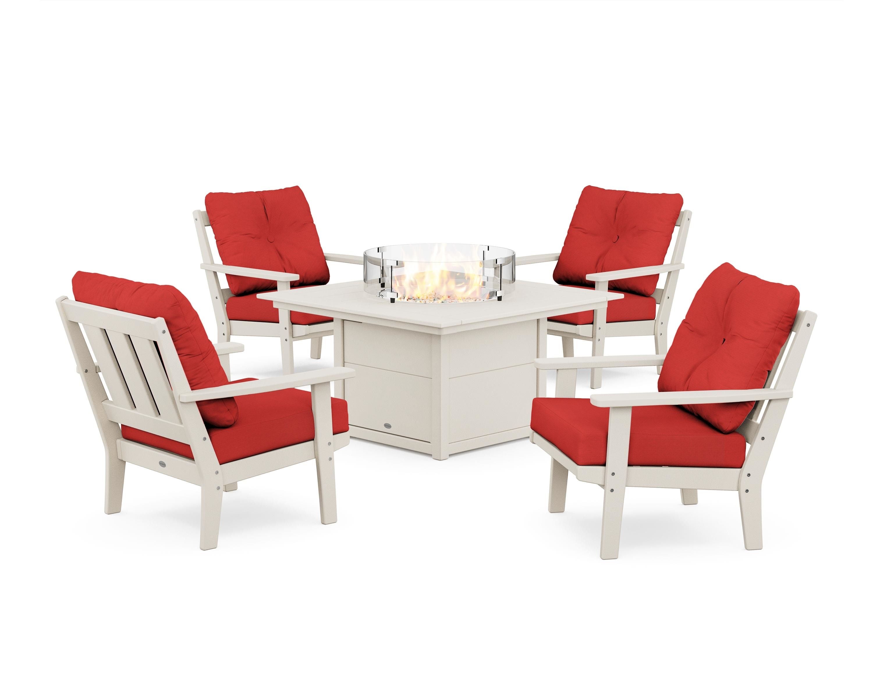 POLYWOOD® Oxford 5-Piece Deep Seating Set with Fire Pit Table in Sand / Crimson Linen