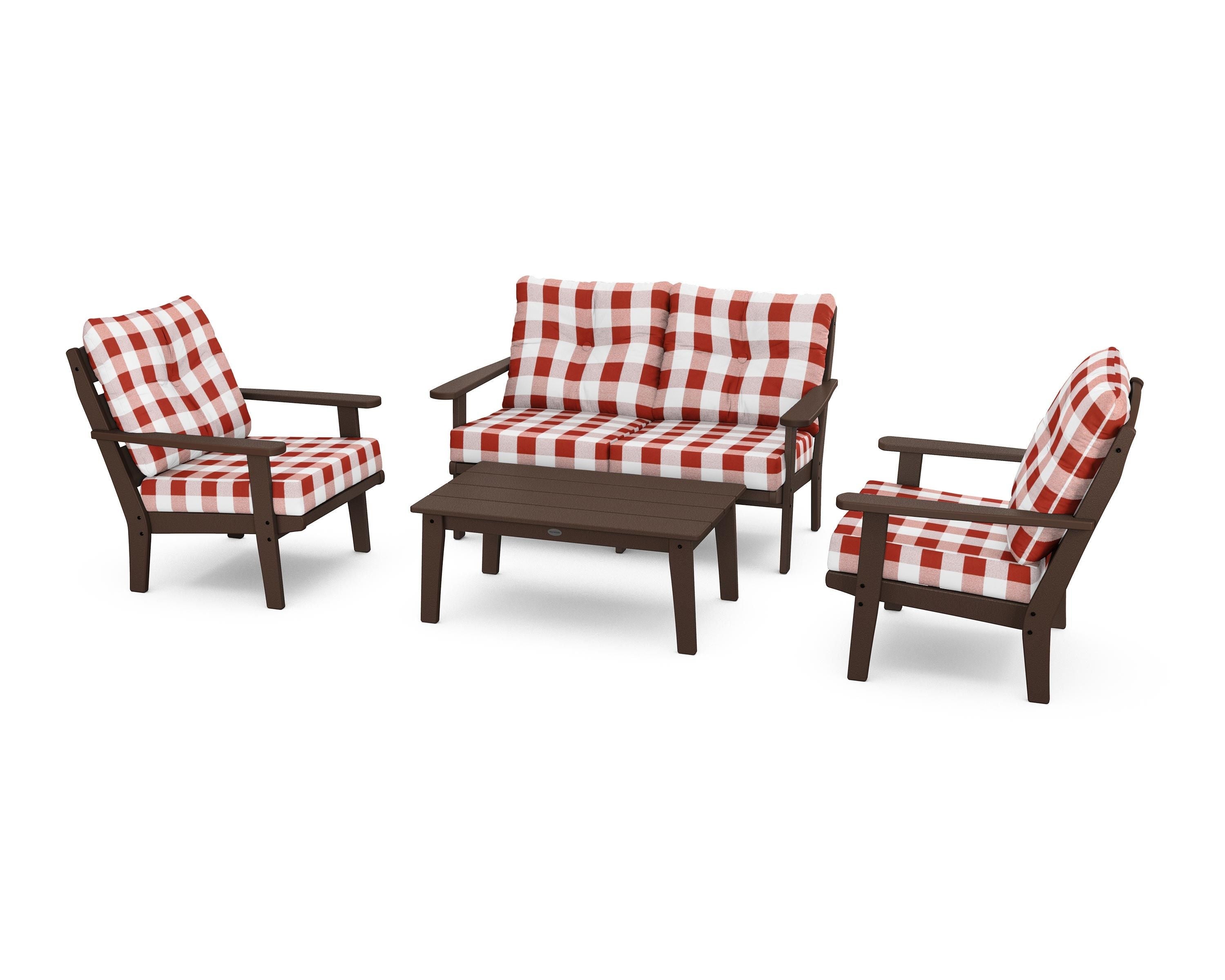 POLYWOOD® Lakeside 4-Piece Deep Seating Set in Mahogany / Buffalo Plaid Crimson