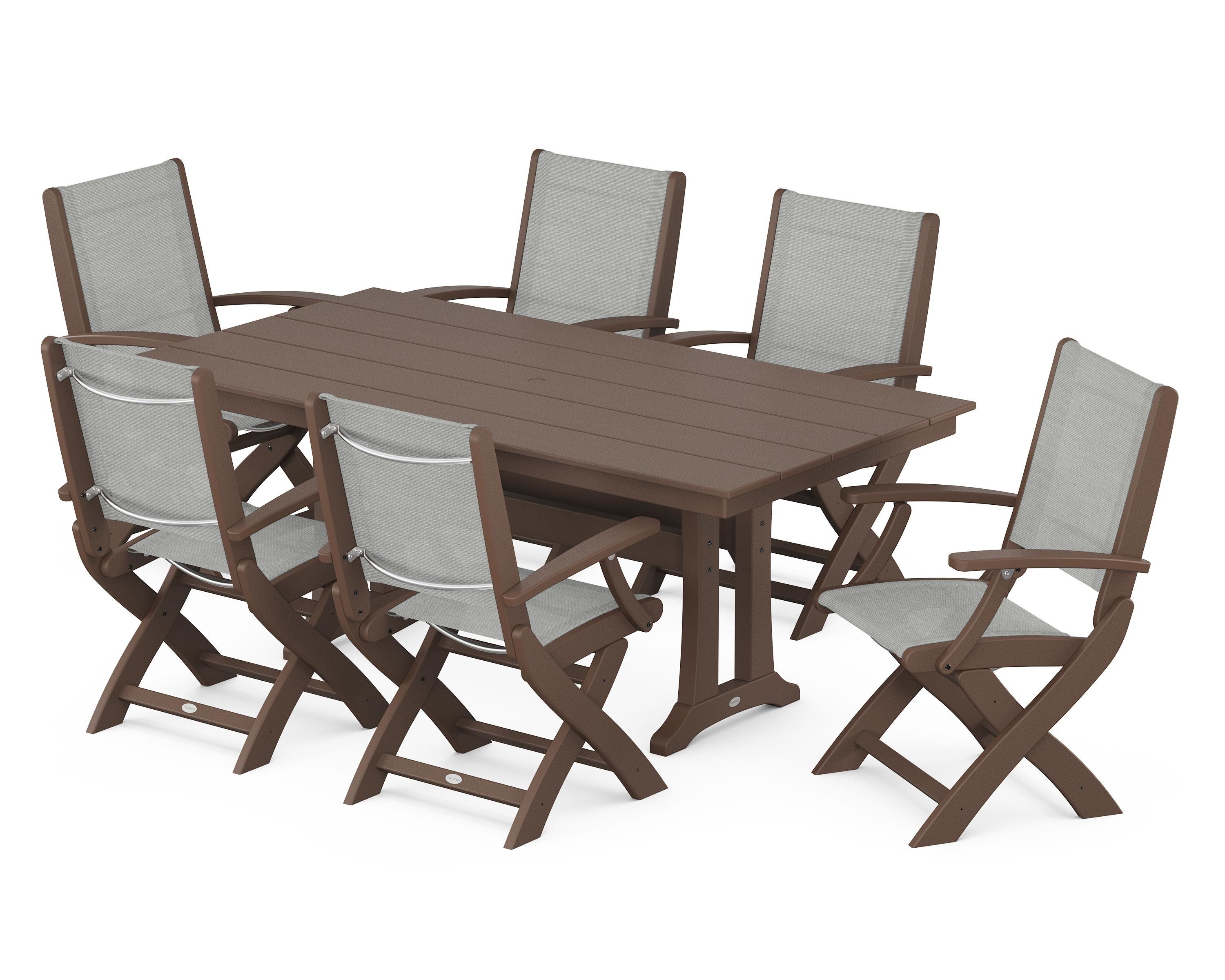 POLYWOOD® Coastal Folding Arm Chair 7-Piece Farmhouse Dining Set with Trestle Legs in Mahogany / Metallic Sling