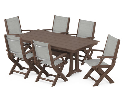 POLYWOOD® Coastal Folding Arm Chair 7-Piece Farmhouse Dining Set with Trestle Legs in Mahogany / Metallic Sling