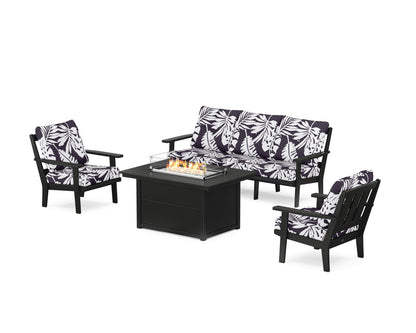 POLYWOOD® Oxford Deep Seating Fire Pit Table Set in Black / Leaf Navy