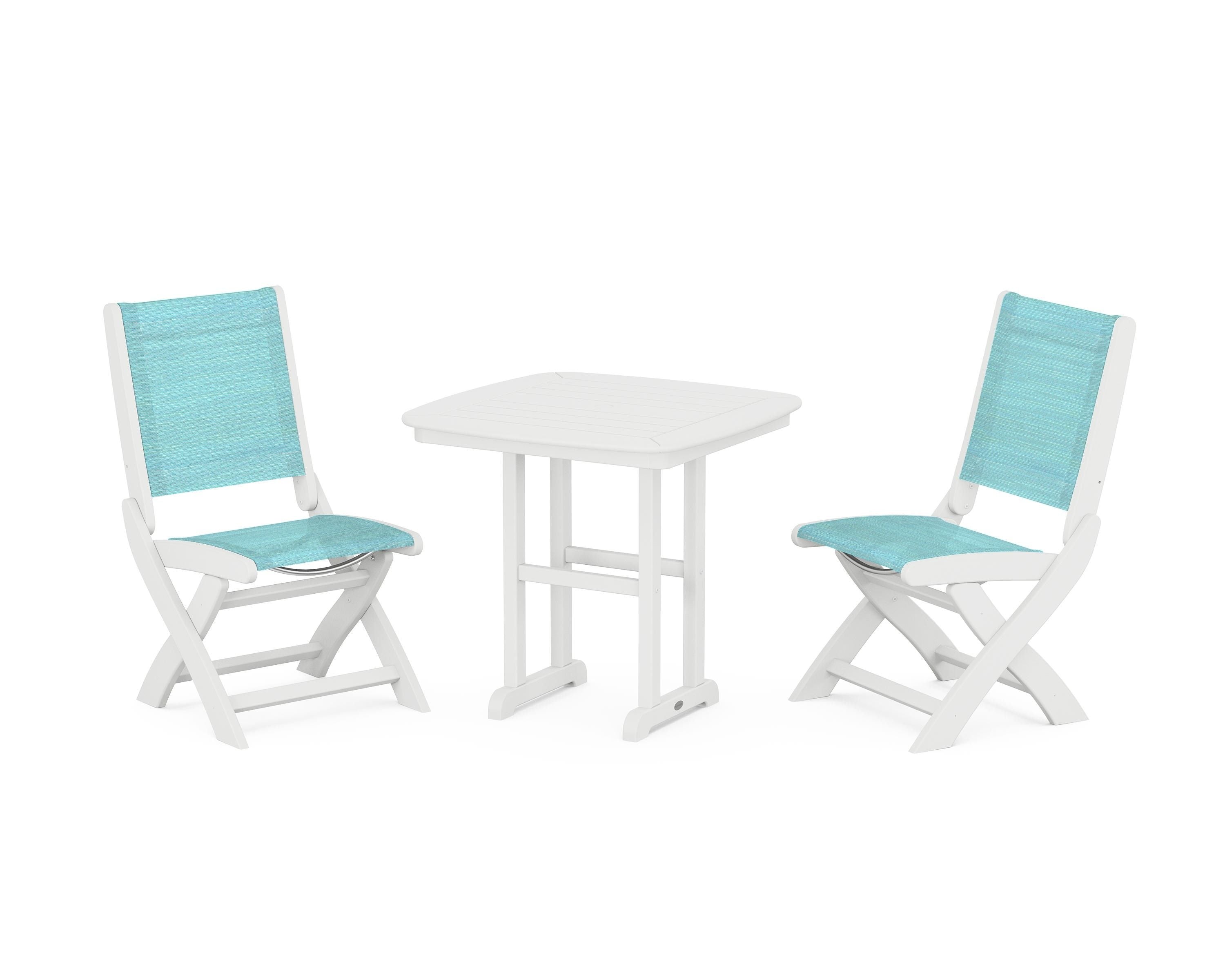 POLYWOOD® Coastal Folding Side Chair 3-Piece Dining Set in White / Dupioni Aquamarine Sling