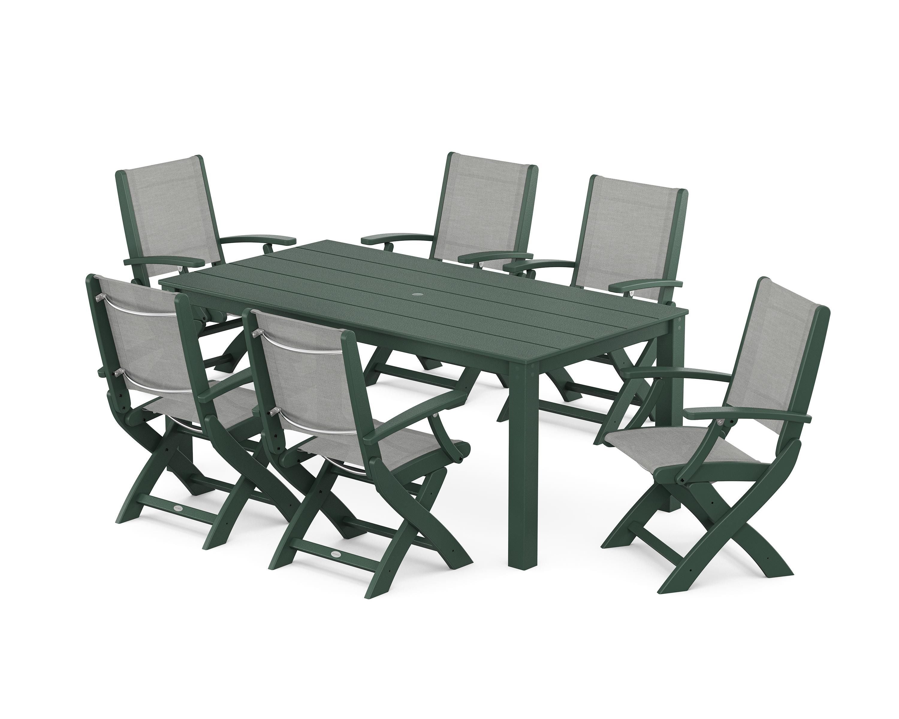 POLYWOOD® Coastal Folding Chair 7-Piece Parsons Dining Set in Green / Metallic Sling