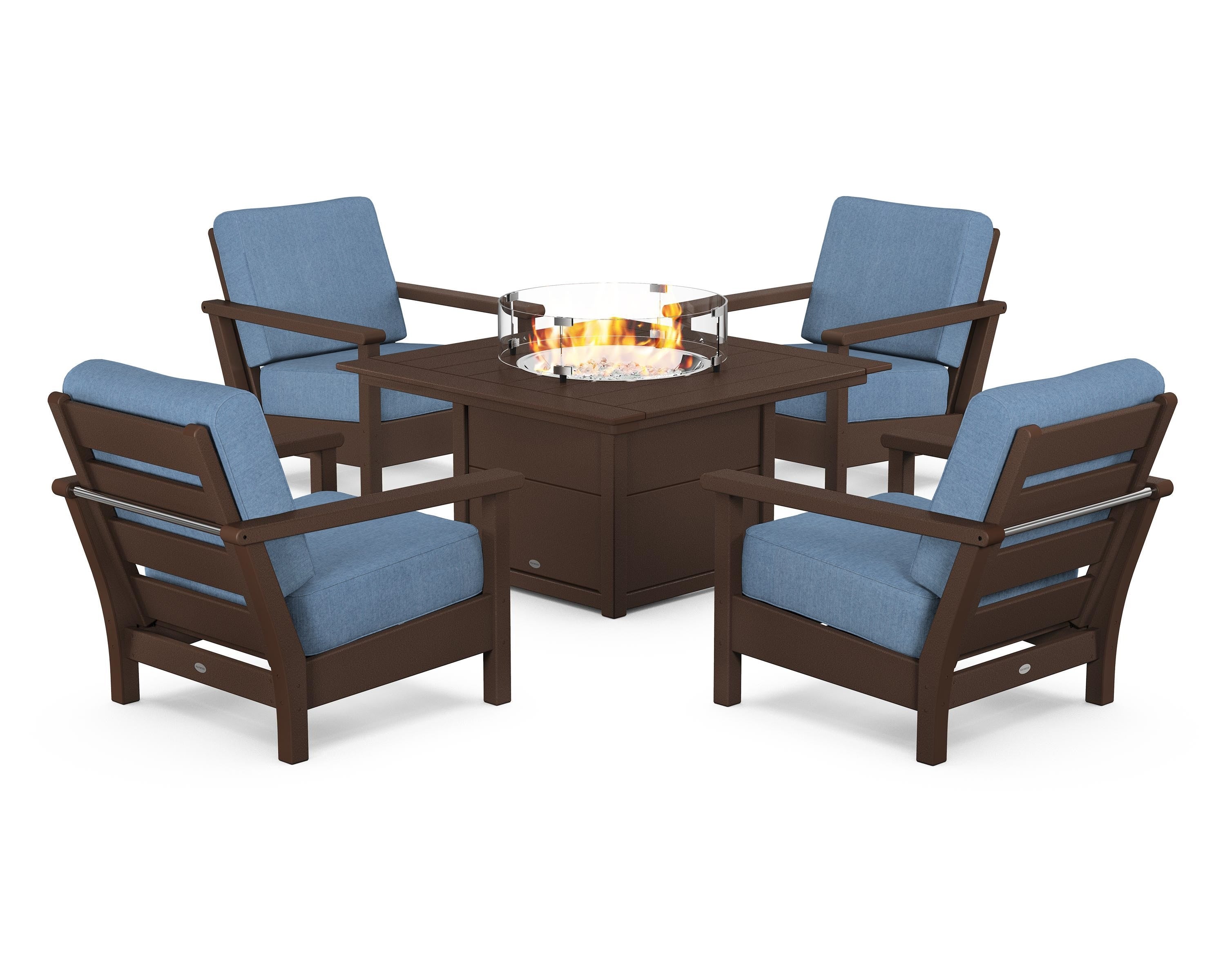 POLYWOOD® Harbour 5-Piece Conversation Set with Fire Pit Table in Mahogany / Sky Blue