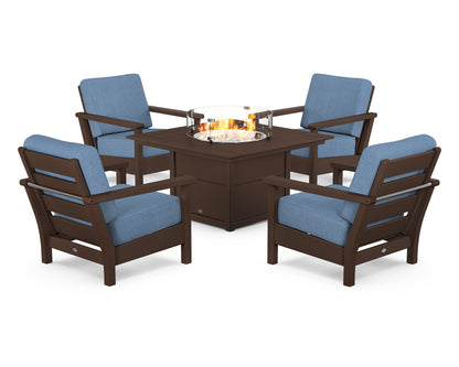 POLYWOOD® Harbour 5-Piece Conversation Set with Fire Pit Table in Mahogany / Sky Blue