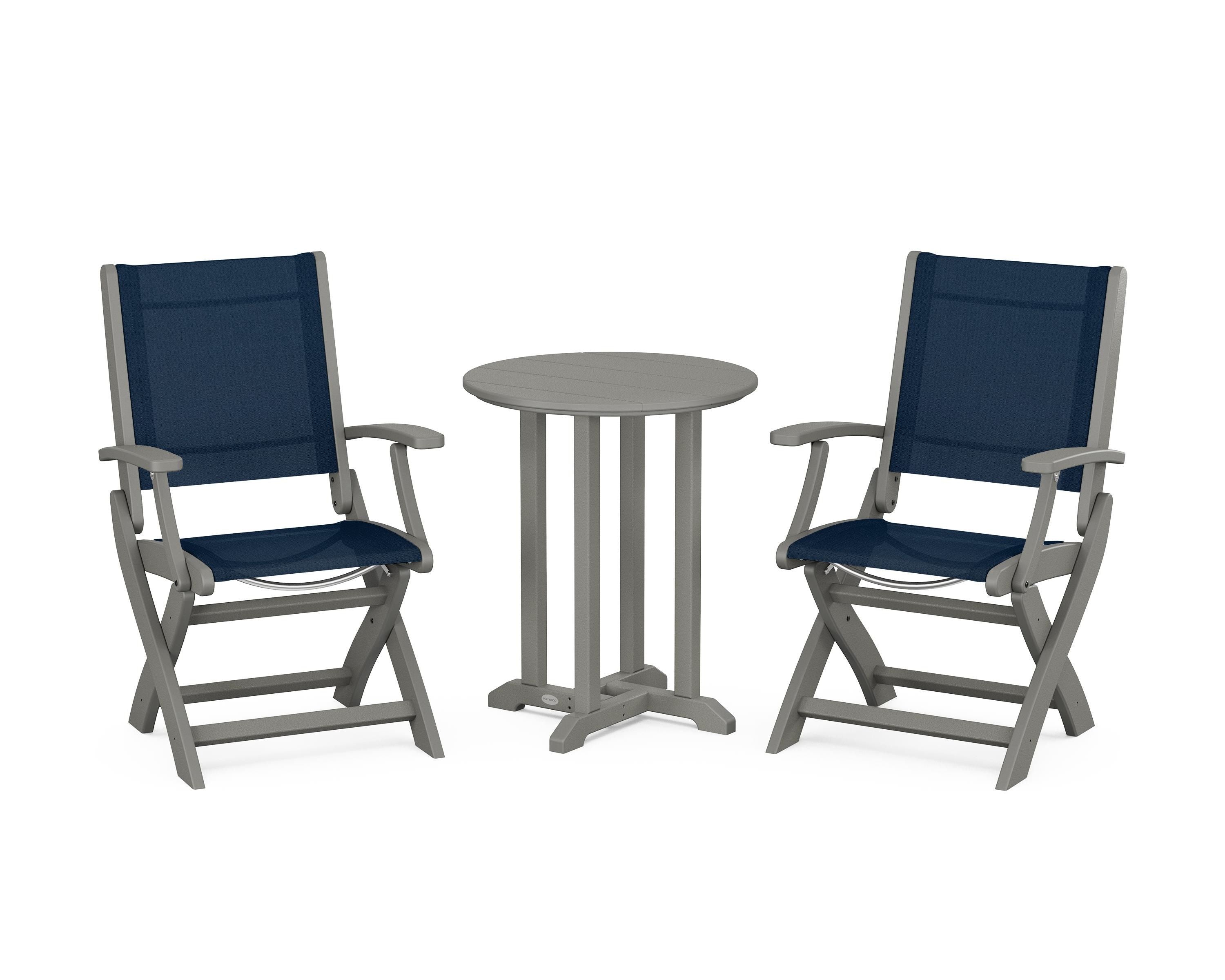 POLYWOOD® Coastal Folding 3-Piece Round Bistro Dining Set in Slate Grey / Navy Blue Sling