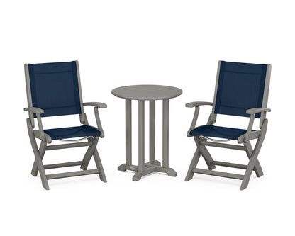 POLYWOOD® Coastal Folding 3-Piece Round Bistro Dining Set in Slate Grey / Navy Blue Sling