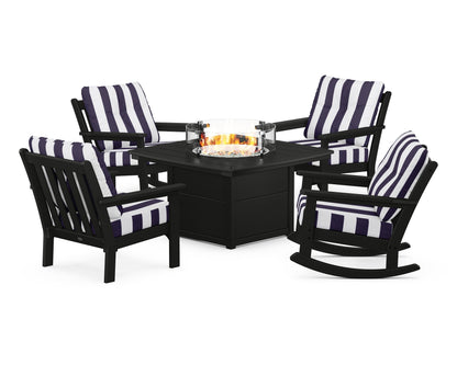 POLYWOOD® Vineyard 5-Piece Deep Seating Rocking Chair Conversation Set with Fire Pit Table in Black / Cabana Stripe Navy