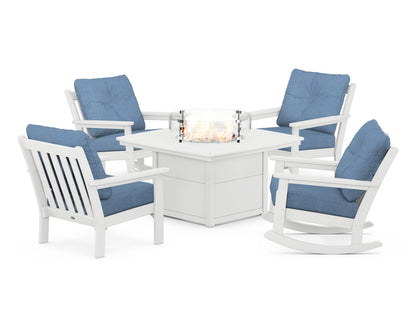 POLYWOOD® Vineyard 5-Piece Deep Seating Rocking Chair Conversation Set with Fire Pit Table in White / Sky Blue