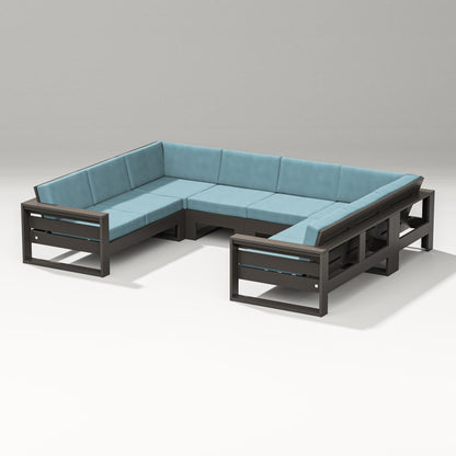 PW Designer Series Latitude U-Shaped Sectional in Vintage Coffee / Lattice Sky Blue