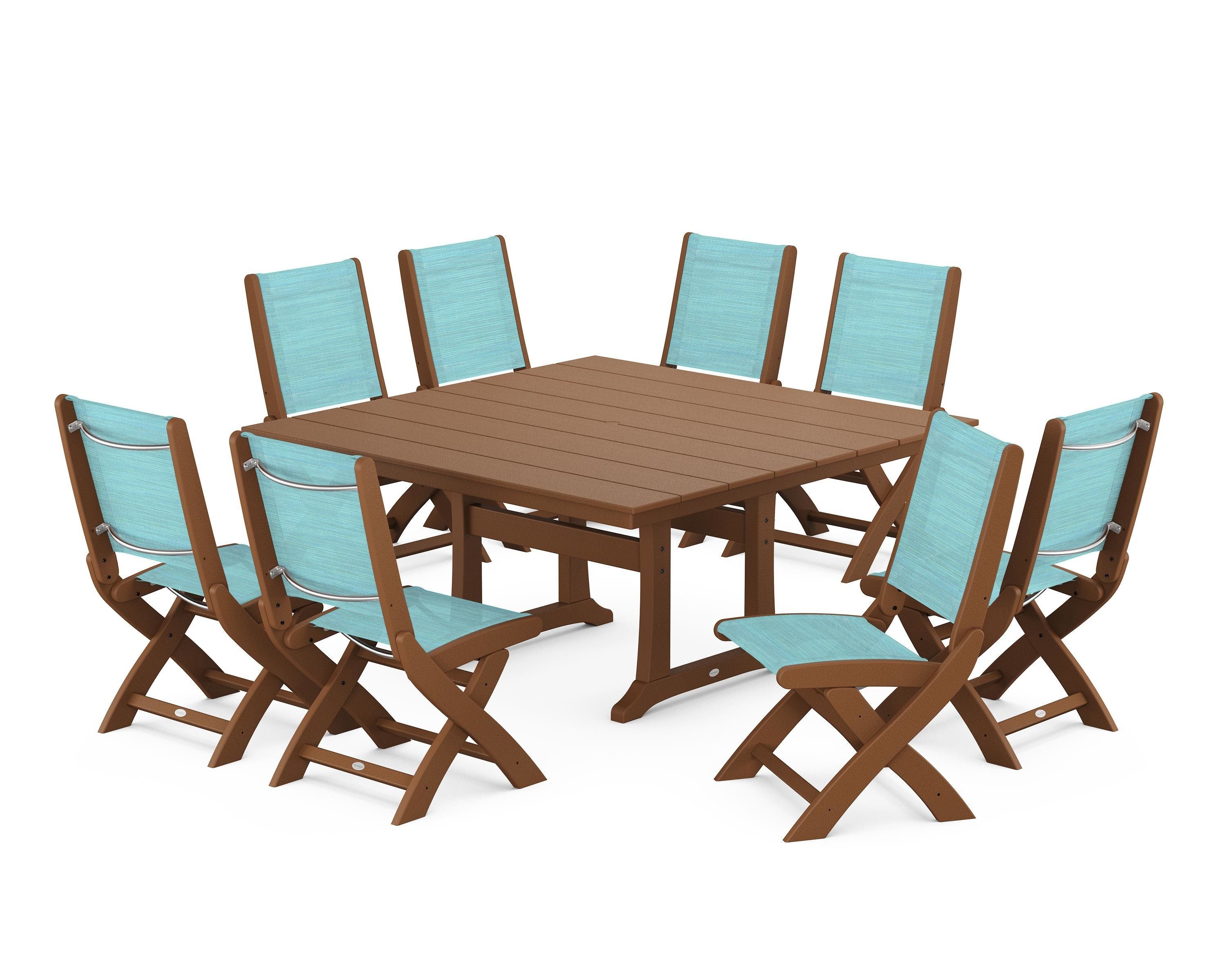POLYWOOD® Coastal Folding Side Chair 9-Piece Farmhouse Dining Set in Teak / Dupioni Aquamarine Sling