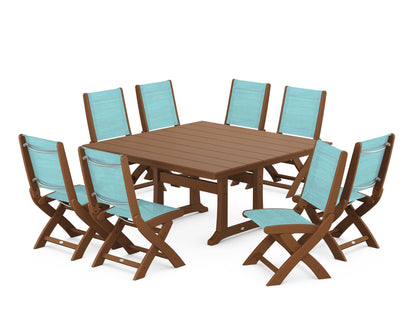 POLYWOOD® Coastal Folding Side Chair 9-Piece Farmhouse Dining Set in Teak / Dupioni Aquamarine Sling