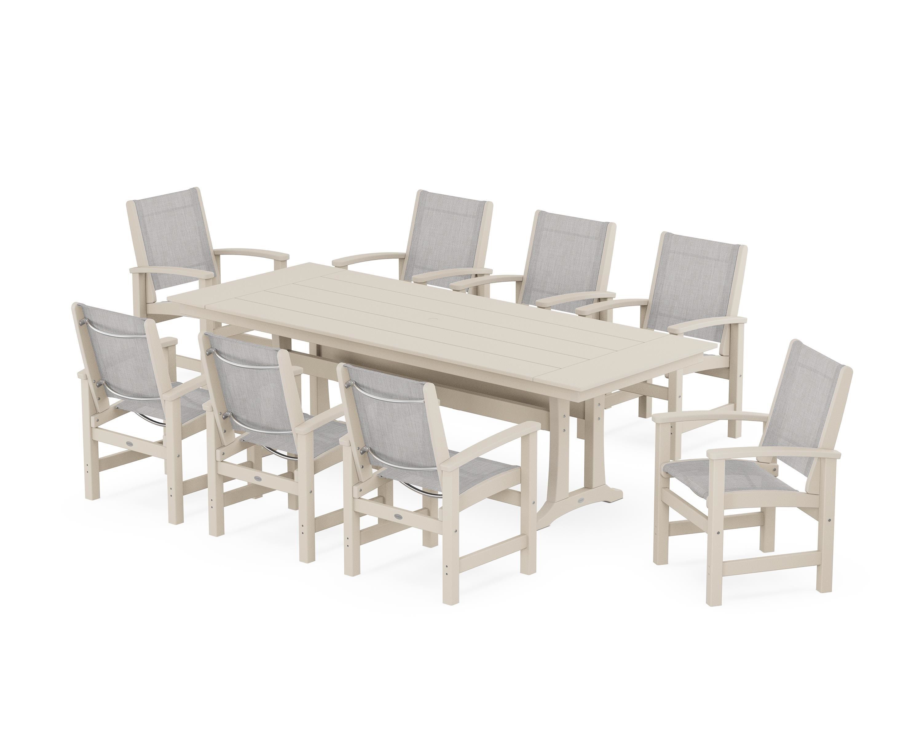 POLYWOOD® Coastal 9-Piece Farmhouse Dining Set with Trestle Legs in Sand / Parchment Sling