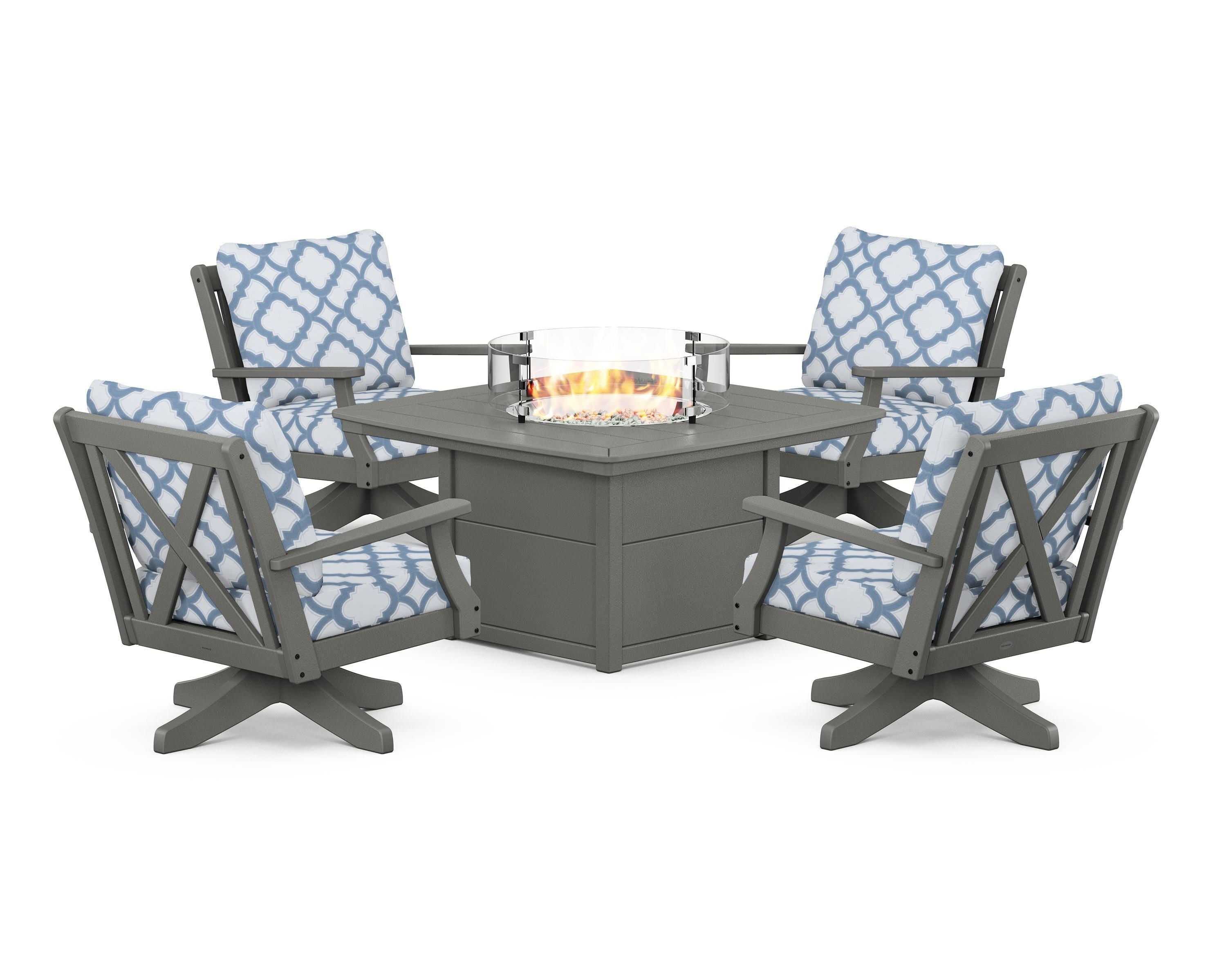 POLYWOOD® Braxton 5-Piece Deep Seating Swivel Conversation Set with Fire Pit Table in Slate Grey / Trellis Sky Blue