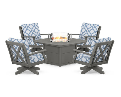 POLYWOOD® Braxton 5-Piece Deep Seating Swivel Conversation Set with Fire Pit Table in Slate Grey / Trellis Sky Blue