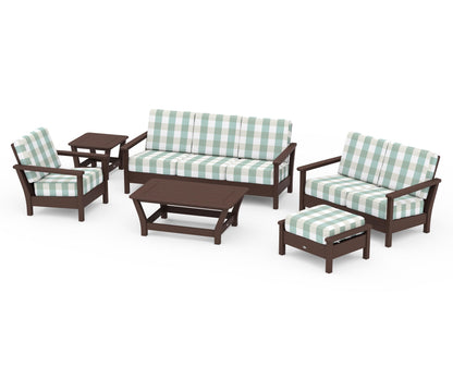 POLYWOOD® Harbour 6-Piece Outdoor Living Set in Mahogany / Buffalo Plaid Glacier Spa