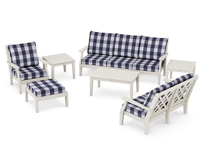 Country Living Wovendale 7-Piece Deep Seating Set in Sand / Buffalo Plaid Navy