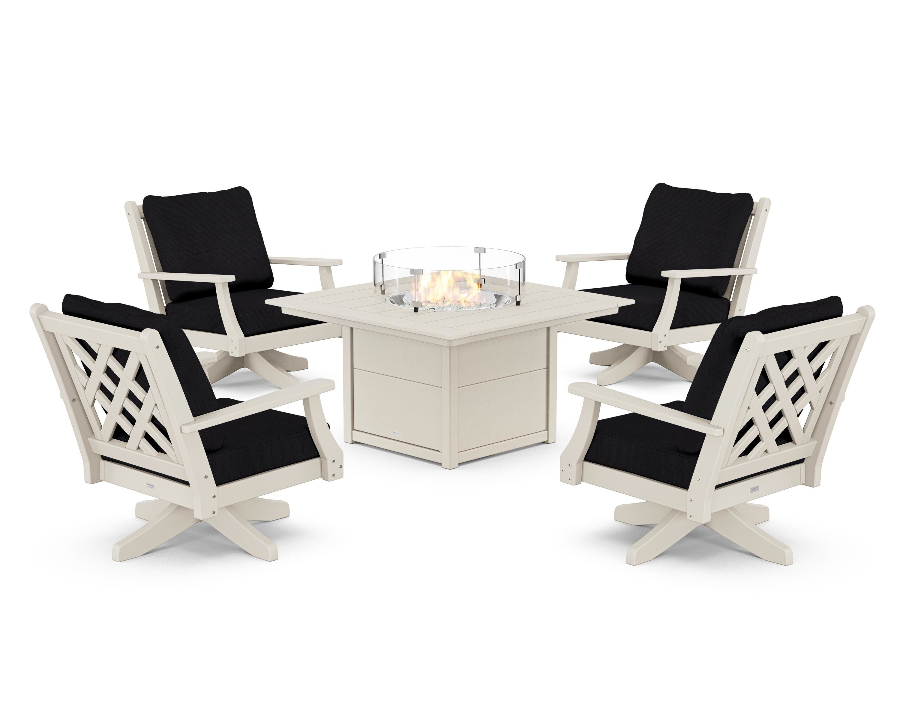 Country Living Wovendale 5-Piece Deep Seating Swivel Conversation Set with Fire Pit Table in Sand / Midnight Linen