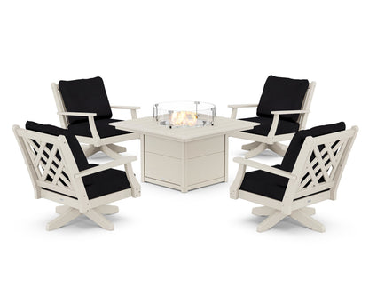 Country Living Wovendale 5-Piece Deep Seating Swivel Conversation Set with Fire Pit Table in Sand / Midnight Linen