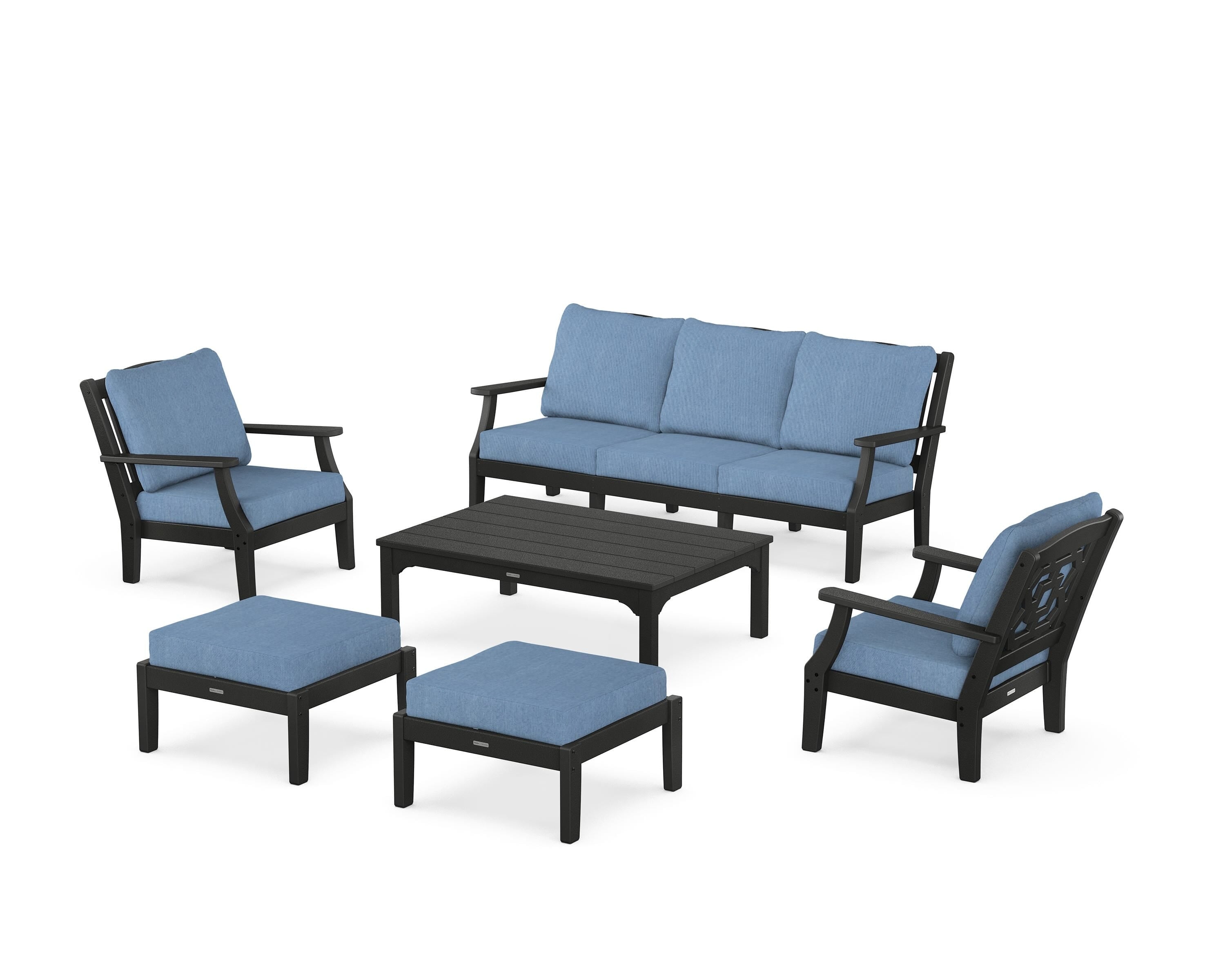 Martha Stewart by POLYWOOD® Chinoiserie 6-Piece Lounge Sofa Set in Black / Sky Blue